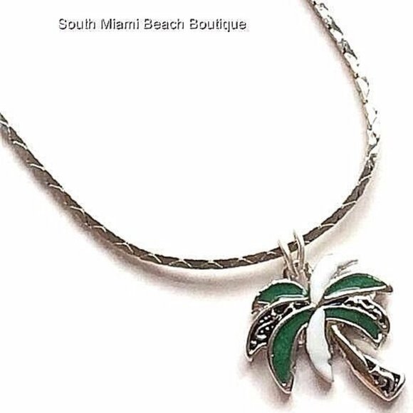 Palm Tree Necklace Silver Plated Island Beach Hawaii Nautical Enamel Coconut 18" - Picture 2 of 10